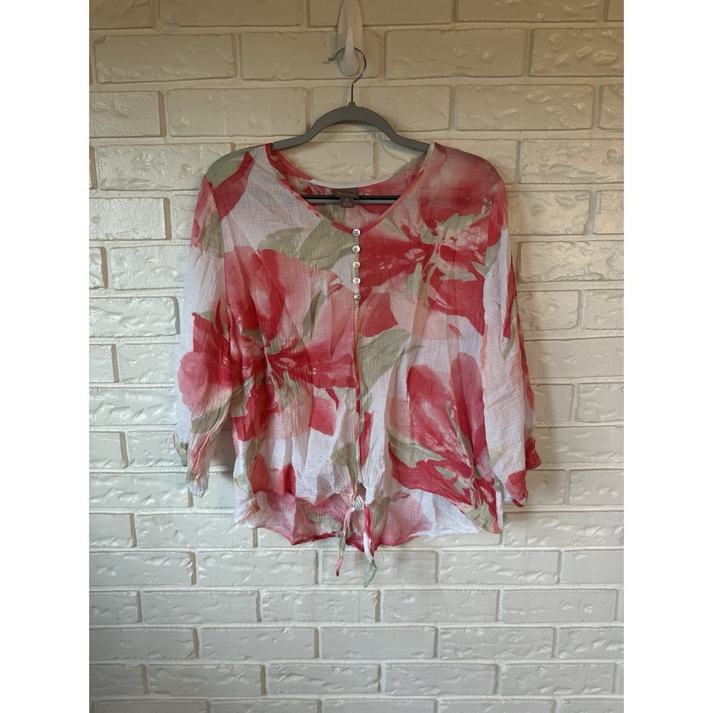 Chico's Garden Party Blouse | Size 3 XL | Sheer Floral Tie Hem Coastal‎ Girl